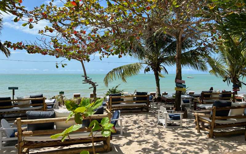 Beach club em Porto Seguro, uma das praias do sul da Bahia, com mar verde e árvores