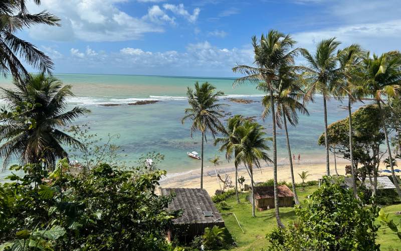 Vista de cima da Praia do Satu, uma das praias do sul da Bahia, em Caraíva, com mar esverdeado e céu azul com nuvens