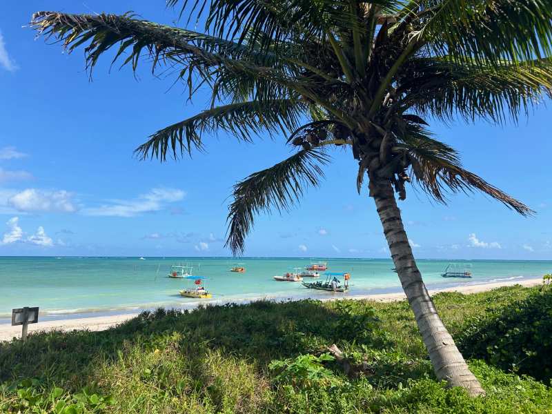 Mar verde e com barcos da Praia do Toque, na Rota Ecológica dos Milagres, em dia de céu azul