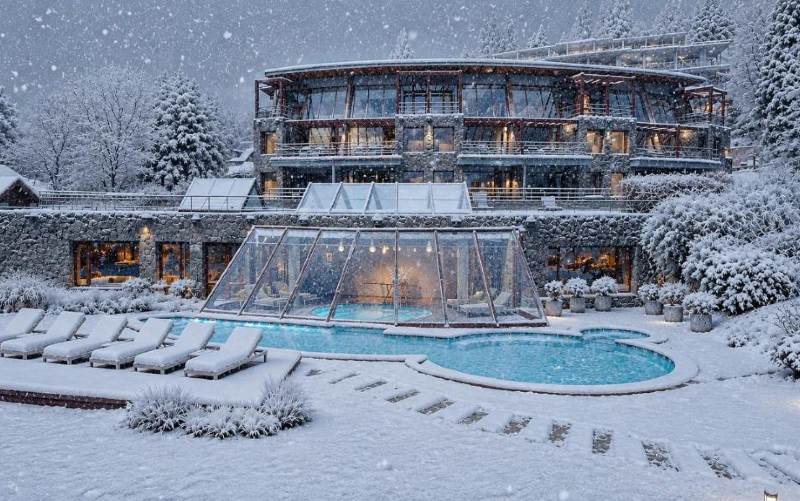 Área externa do Rochester com muita neve e piscina