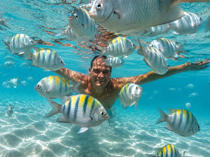 Rafael Carvalho mergulha com os peixes nas piscinas naturais, dica de o que fazer em São José da Coroa Grande