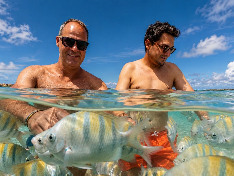 Rafael Carvalho e Adolfo Nomelini brincam com os peixes nas piscinas naturais de Coroa Grande em dia de céu azul